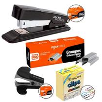 Kit Escritório com Grampeador Metal + Grampo Galvanizado Clips e Extrator Ideal para Lojas Escolas Comércios Home Office