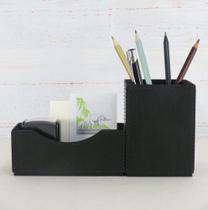 Kit Escritório em material sintético Preto Porta Lápis Canetas e Cartão
