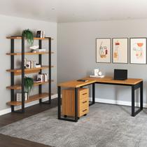 Kit Escritório Escrivaninha L com Estante e Gaveteiro em MDF Freijó Preto Pradel