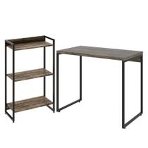 Kit Escritório Estante Areta 3 Prateleiras Mesa Industrial Aspen 90cm C01 Carvalho Dark - Lyam Decor