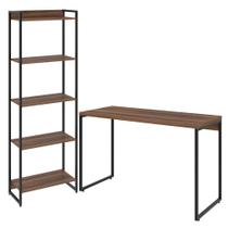 Kit Escritório Estante Areta 5 Prateleiras com Mesa Industrial Aspen 120cm C01 Nogal - Lyam Decor