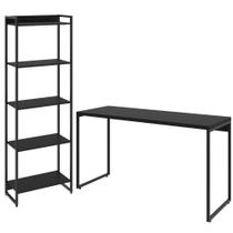 Kit Escritório Estante Areta 5 Prateleiras com Mesa Industrial Aspen 135cm C01 Onix - Lyam Decor