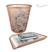 Kit Escritório Lixeira Aramada Bandeja Organizadora de Papel Rose Gold