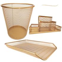 Kit Escritório Lixeira, Organizador De Mesa, Bandeja A4 Documento Arquivo Dourado