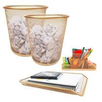 Kit Escritório Lixeiras Organizador de Mesa Bandeja Organizadora Dourado