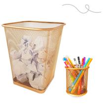 Kit Escritório Lixera Retangular E Porta Caneta Dourado Top