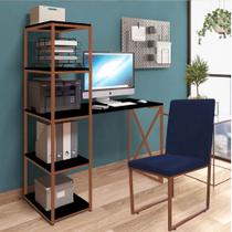 Kit Escritório Mesa Max BeX 5 Prateleiras e Cadeira Stan Bronze Tampo Preto material sintético Azul Marinho - Ahz Móveis