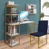 Kit Escritório Mesa Max BeX 5 Prateleiras e Cadeira Stan Dourado Tampo Branco Sintético Azul Marinho - Ahz Móveis