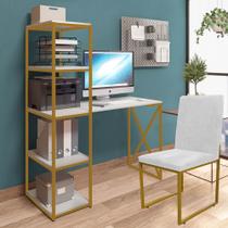 Kit Escritório Mesa Max BeX 5 Prateleiras e Cadeira Stan Dourado Tampo Branco Sintético Branco - Ahz Móveis