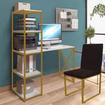 Kit Escritório Mesa Max BeX 5 Prateleiras e Cadeira Stan Dourado Tampo Branco Sintético Marrom - Ahz Móveis
