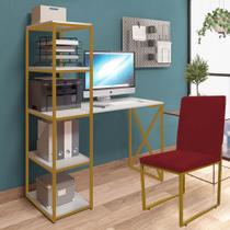 Kit Escritório Mesa Max BeX 5 Prateleiras e Cadeira Stan Dourado Tampo Branco Sintético Vermelho - Ahz Móveis