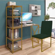 Kit Escritório Mesa Max BeX 5 Prateleiras e Cadeira Stan Dourado Tampo Imbuia Suede Verde Musgo - Ahz Móveis