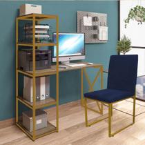 Kit Escritório Mesa Max BeX 5 Prateleiras e Cadeira Stan Dourado Tampo Madeira Suede Azul Marinho - Ahazzo Móveis