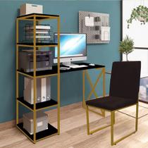 Kit Escritório Mesa Max BeX 5 Prateleiras e Cadeira Stan Dourado Tampo Preto material sintético Marrom - Ahz Móveis