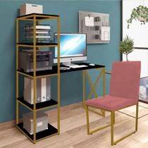 Kit Escritório Mesa Max BeX 5 Prateleiras e Cadeira Stan Dourado Tampo Preto Suede Rose Gold - Ahz Móveis