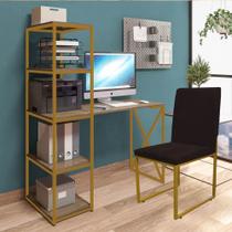 Kit Escritório Mesa Max BeX 5 Prateleiras e Cadeira Stan Dourado Tampo Rústico material sintético Marrom - Ahz Móveis