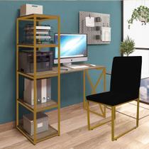 Kit Escritório Mesa Max BeX 5 Prateleiras e Cadeira Stan Dourado Tampo Rústico Sintético Preto - Ahazzo Móveis