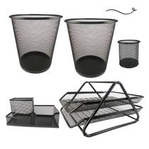 Kit Escritório Organizador Bandeja Lixeira Porta Lápis Lixo Preto Kit Escritório Organizador Bandeja Lixeira Porta Lápis Lixo Preto