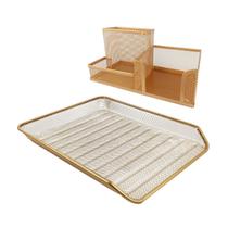 Kit Escritório Organizador de Mesa, Bandeja Dourado Ouro