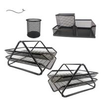 Kit Escritório Organizador de Mesa Bandeja Dupla Porta Caneta Lápis Preto Kit Escritório Organizador de Mesa Bandeja Dupla Porta Caneta Lápis Preto
