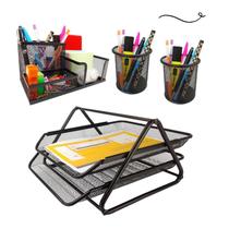 Kit Escritório Organizador Mesa Bandeja Porta Caneta Lápis Preto Kit Escritório Organizador Mesa Bandeja Porta Caneta Lápis Preto