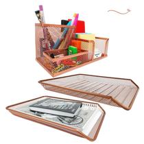 Kit Escritório Organizador Porta Caneta de Mesa e Bandejas Rose Gold