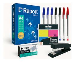 Kit Escritório Papel A4, Caneta, Bloco, Grampeador E Grampos