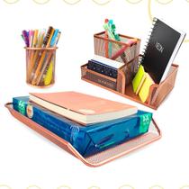 Kit Escritório Porta Caneta, Organizador de Mesa, Bandeja Organizadora Rose Gold