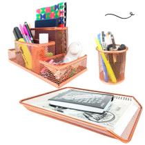Kit Escritório Porta Caneta Organizador Mesa Bandeja Rose Gold
