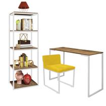 Kit Escritório Ravi 1 Cadeira Suede Amarelo com 1 Mesa e 1 Livreiro Ferro Branco MDF Demolição - Ahazzo Móveis