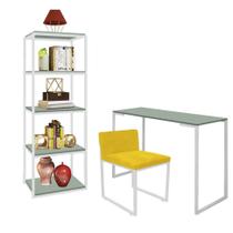 Kit Escritório Ravi 1 Cadeira Suede Amarelo com 1 Mesa e 1 Livreiro Ferro Branco MDF Verde Oliva - Ahazzo Móveis