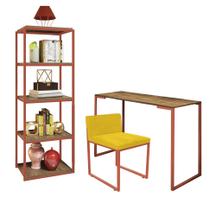 Kit Escritório Ravi 1 Cadeira Suede Amarelo com 1 Mesa e 1 Livreiro Ferro Bronze MDF Freijó - Ahazzo Móveis