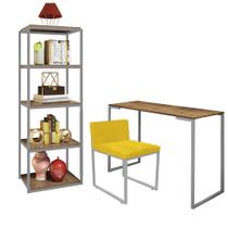 Kit Escritório Ravi 1 Cadeira Suede Amarelo com 1 Mesa e 1 Livreiro Ferro Cinza MDF Freijó - Ahazzo Móveis