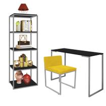 Kit Escritório Ravi 1 Cadeira Suede Amarelo com 1 Mesa e 1 Livreiro Ferro Cinza MDF Preto - Ahazzo Móveis