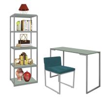 Kit Escritório Ravi 1 Cadeira Suede Azul Turquesa com 1 Mesa e 1 Livreiro Ferro Cinza MDF Verde Oliva - Ahazzo Móveis