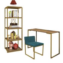 Kit Escritório Ravi 1 Cadeira Suede Azul Turquesa com 1 Mesa e 1 Livreiro Ferro Dourado MDF Castanho - Ahazzo Móveis