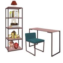 Kit Escritório Ravi 1 Cadeira Suede Azul Turquesa com 1 Mesa e 1 Livreiro Ferro Marrom MDF Rose Rosa - Ahazzo Móveis