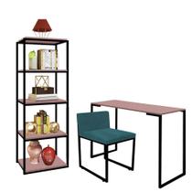 Kit Escritório Ravi 1 Cadeira Suede Azul Turquesa com 1 Mesa e 1 Livreiro Ferro Preto MDF Rose Rosa - Ahazzo Móveis