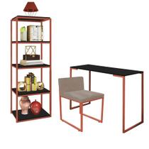 Kit Escritório Ravi 1 Cadeira Suede Bege com 1 Mesa e 1 Livreiro Ferro Bronze MDF Preto - Ahazzo Móveis