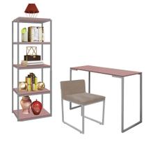 Kit Escritório Ravi 1 Cadeira Suede Bege com 1 Mesa e 1 Livreiro Ferro Cinza MDF Rose Rosa - Ahazzo Móveis