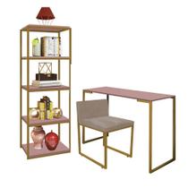 Kit Escritório Ravi 1 Cadeira Suede Bege com 1 Mesa e 1 Livreiro Ferro Dourado MDF Rose Rosa - Ahazzo Móveis