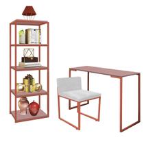 Kit Escritório Ravi 1 Cadeira Suede Branco com 1 Mesa e 1 Livreiro Ferro Bronze MDF Rose Rosa - Ahazzo Móveis