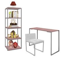 Kit Escritório Ravi 1 Cadeira Suede Branco com 1 Mesa e 1 Livreiro Ferro Cinza MDF Rose Rosa - Ahazzo Móveis