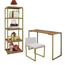 Kit Escritório Ravi 1 Cadeira Suede Branco com 1 Mesa e 1 Livreiro Ferro Dourado MDF Carvalho - Ahazzo Móveis