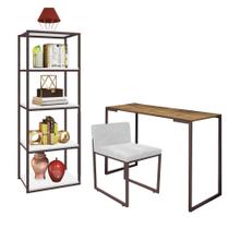 Kit Escritório Ravi 1 Cadeira Suede Branco com 1 Mesa e 1 Livreiro Ferro Marrom MDF Caramelo - Ahazzo Móveis