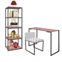 Kit Escritório Ravi 1 Cadeira Suede Branco com 1 Mesa e 1 Livreiro Ferro Marrom MDF Rose Rosa - Ahazzo Móveis