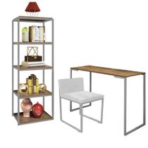 Kit Escritório Ravi 1 Cadeira Suede Branco com 1 Mesa e 1 Livreiro Ferro Prata MDF Carvalho - Ahazzo Móveis