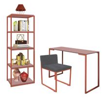 Kit Escritório Ravi 1 Cadeira Suede Cinza com 1 Mesa e 1 Livreiro Ferro Bronze MDF Rose Rosa - Ahazzo Móveis