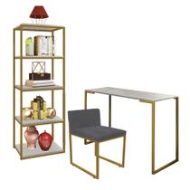 Kit Escritório Ravi 1 Cadeira Suede Cinza com 1 Mesa e 1 Livreiro Ferro Dourado MDF Marmorizado Cinza - Ahazzo Móveis