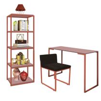 Kit Escritório Ravi 1 Cadeira Suede Marrom com 1 Mesa e 1 Livreiro Ferro Bronze MDF Rose Rosa - Ahazzo Móveis